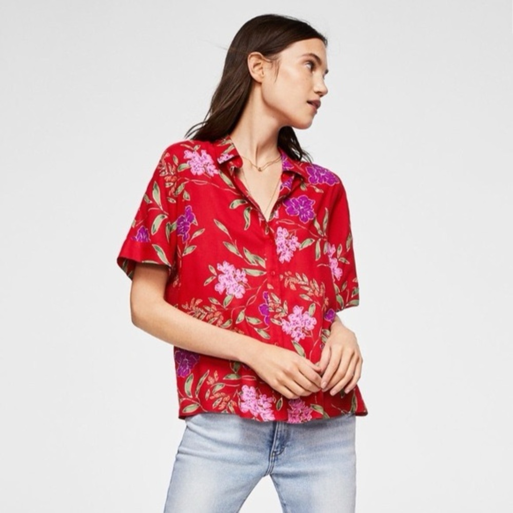 Mango Red Floral Button Down Shirt -Size XXS Oversized